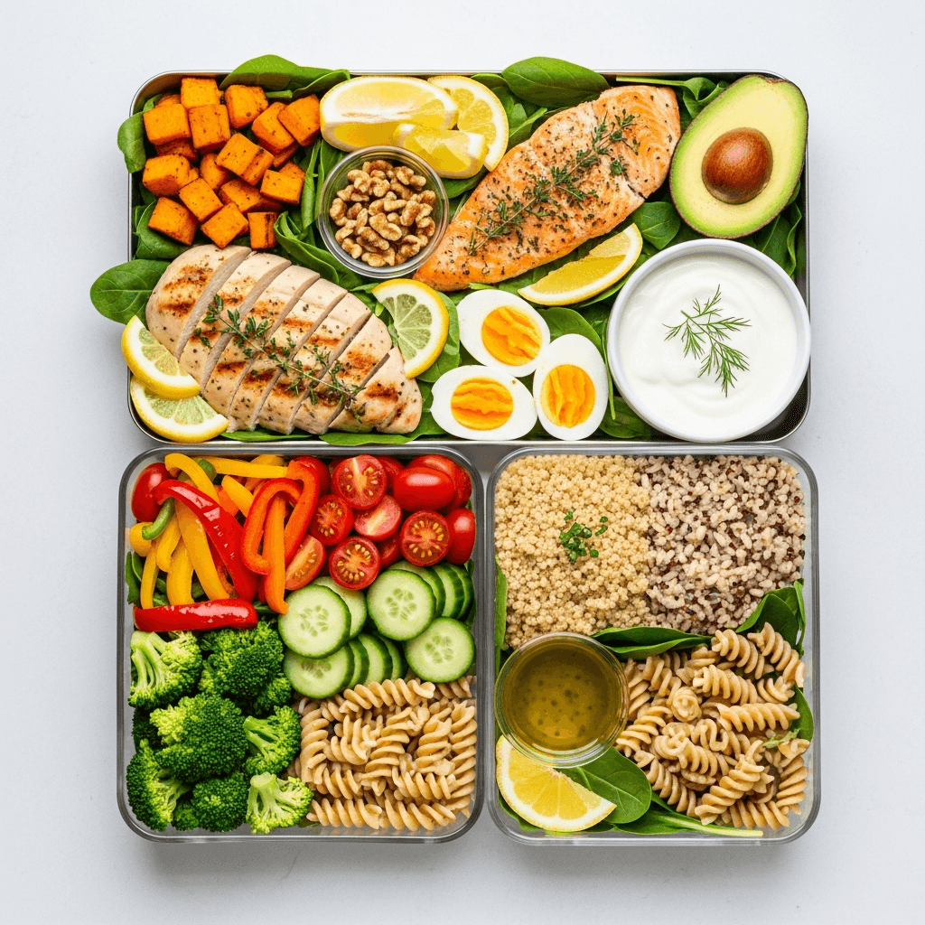 Healthy athlete meal prep spread, overhead flat lay