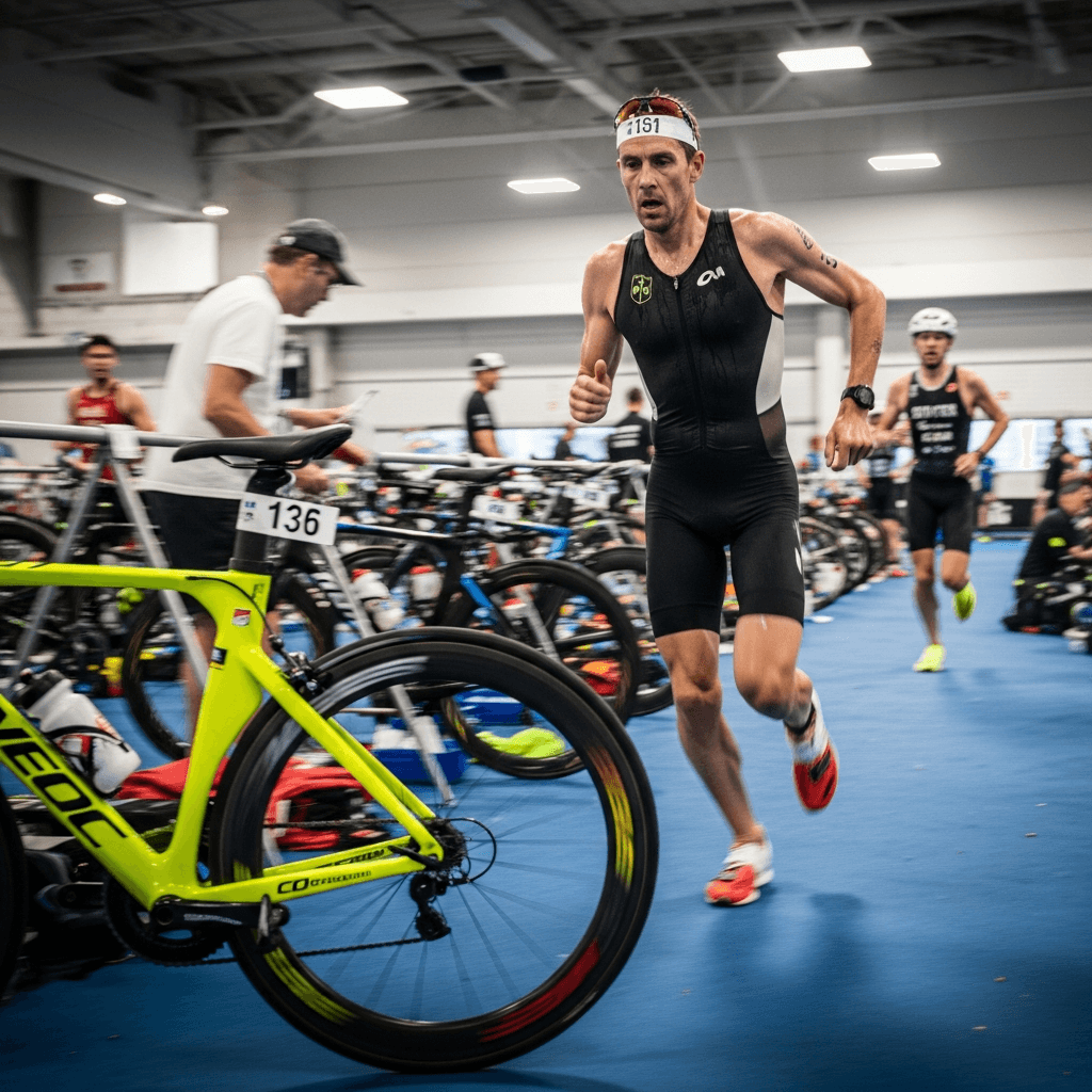 Athlete transitioning from bike to run in triathlon