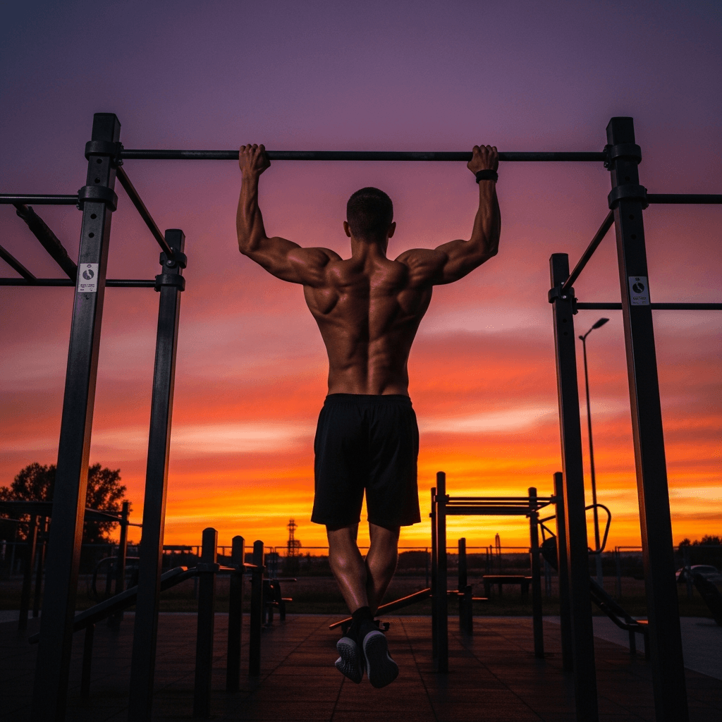 Athlete doing pull-ups on outdoor bar at sunset