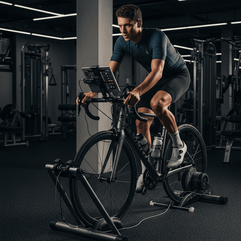 Cyclist on indoor trainer with power meter