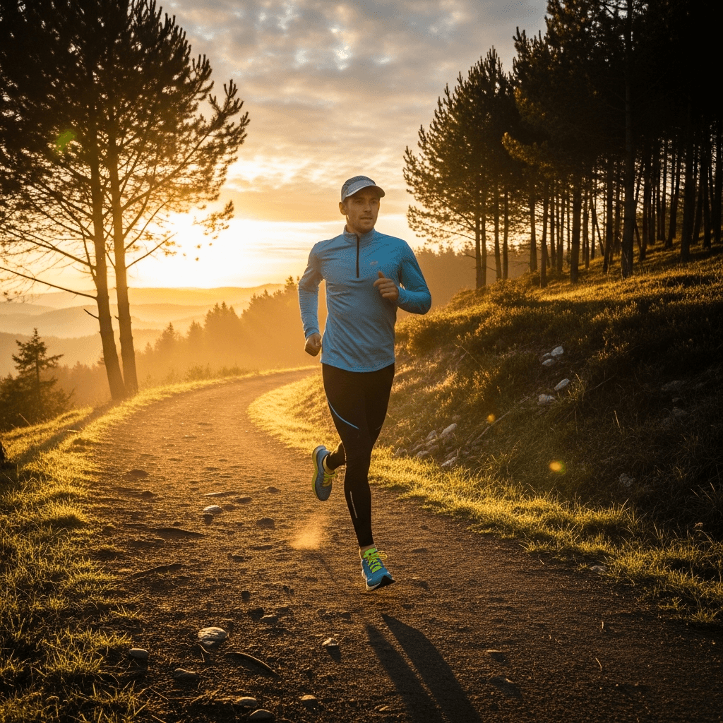 Person running on trail at sunrise