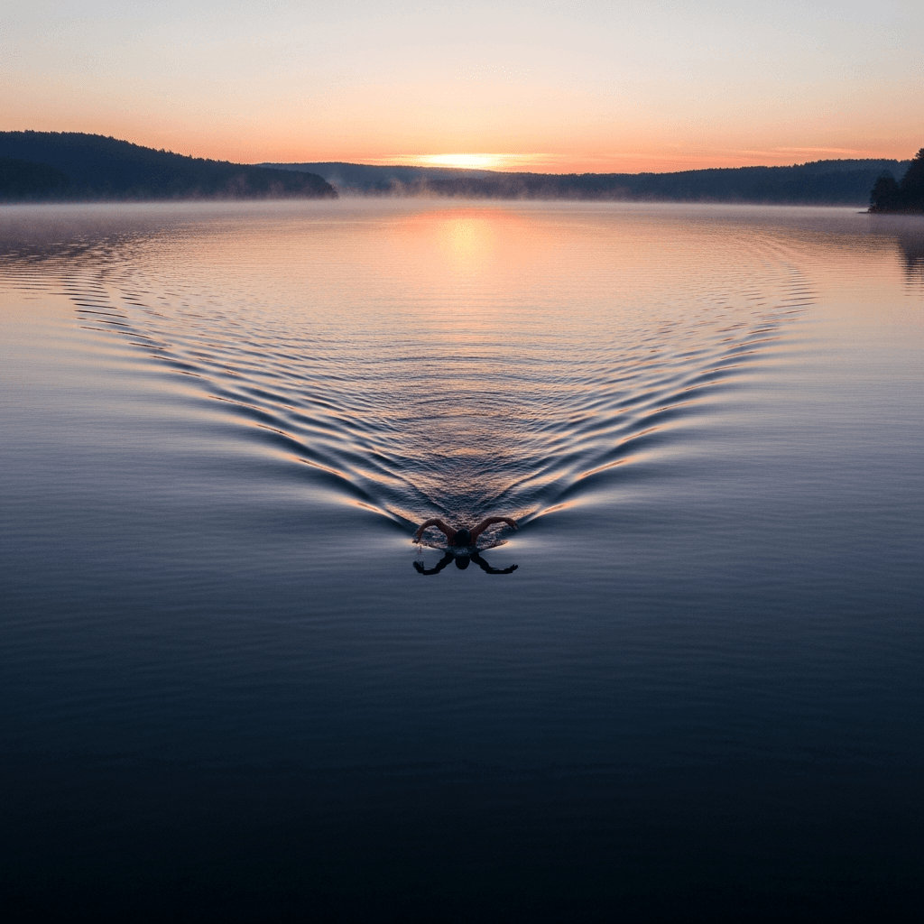 Open water swimmer in lake at dawn, aerial view