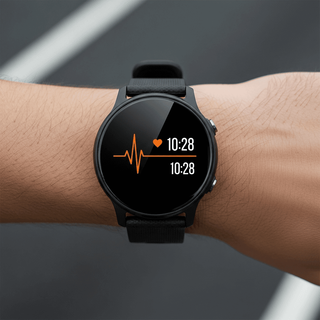 Heart rate monitor watch on wrist of runner